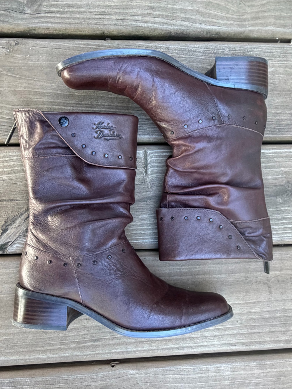 Harley-Davidson Heeled Slouch Soft Leather Zip Motorcycle Boots in Brown Size‎ 6